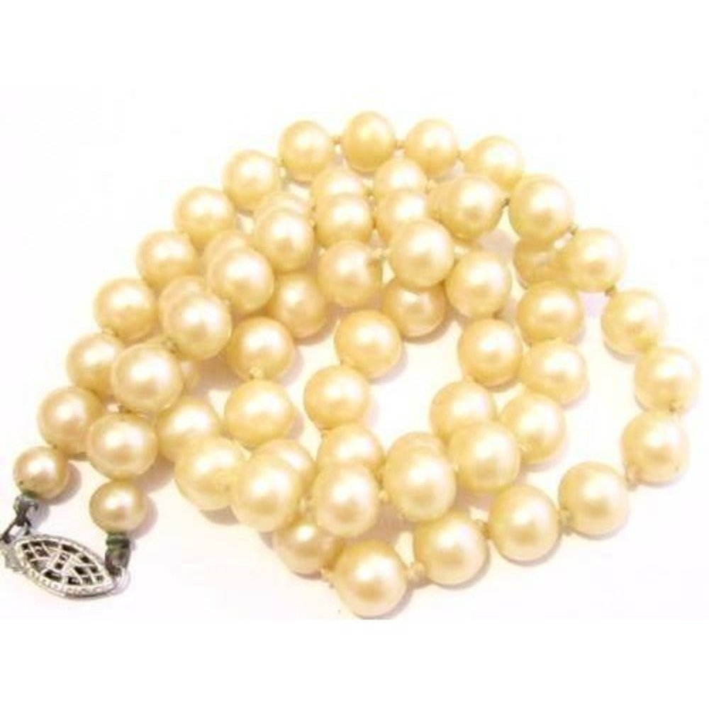 Vintage Glass Faux Pearl Sterling Silver 925 Filigree Clasp‎ Bead Necklace*22"